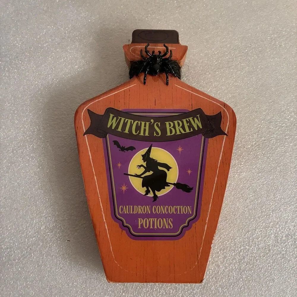 Halloween Jack-O-Lantern On Frame Stripes & Witch’s Brew Wood Potion Bottle